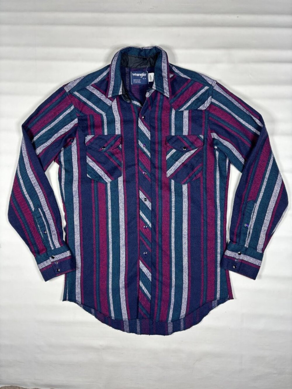 VTG 80s Wrangler Purple Maroon Stripe Western Pearl Snap USA Cotton Shirt 16-34
